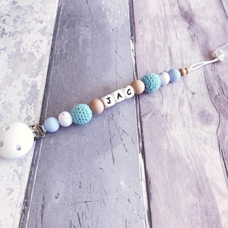Personalised Crochet Dummy Clip - Blue - Hopes, Dreams & Jellybeans 