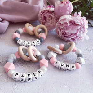 Personalised Pink & Grey Silicone Teething Ring - Hopes, Dreams & Jellybeans 