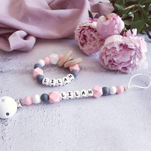 Dummy Clip and Teether Set - Pink/Dark Grey - Hopes, Dreams & Jellybeans 