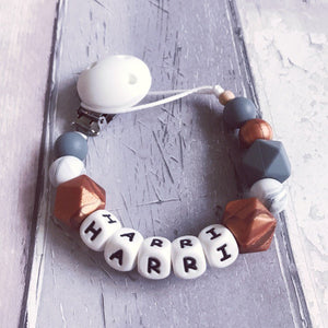 Personalised Silicone Dummy Clip - Copper/Grey