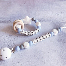Load image into Gallery viewer, Dummy Clip and Teether Set - Baby Blue/White - Hopes, Dreams &amp; Jellybeans 
