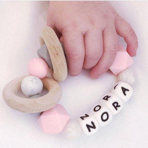 Personalised Pink & Grey Silicone Teething Ring - Hopes, Dreams & Jellybeans 