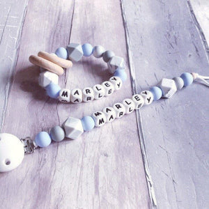 Dummy Clip and Teether Set - Baby Blue/Grey - Hopes, Dreams & Jellybeans 