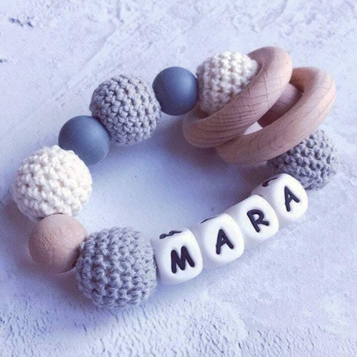 Personalised Crochet Teething Ring - Grey/Cream - Hopes, Dreams & Jellybeans 