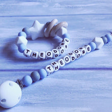 Load image into Gallery viewer, Dummy Clip and Teether Set - Baby Blue/White - Hopes, Dreams &amp; Jellybeans 
