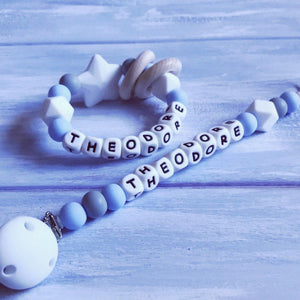 Dummy Clip and Teether Set - Baby Blue/White - Hopes, Dreams & Jellybeans 