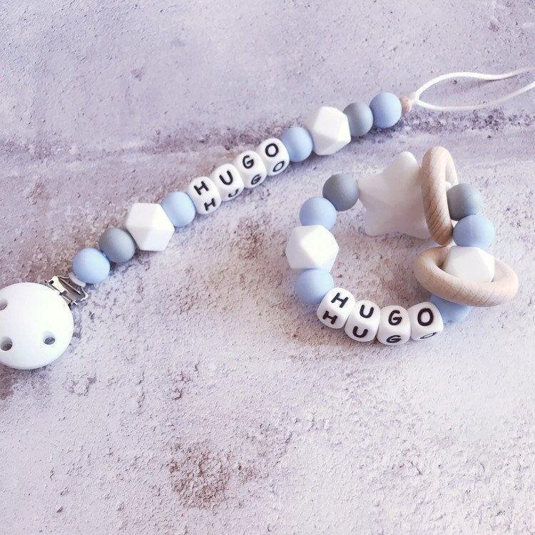 Dummy Clip and Teether Set - Baby Blue/White - Hopes, Dreams & Jellybeans 