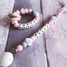 Load image into Gallery viewer, Dummy Clip and Teether Set - Pink/Grey - Hopes, Dreams &amp; Jellybeans 
