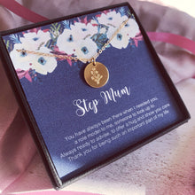 Load image into Gallery viewer, Floral Necklace for Stepmum, Stepmother Gift, Message Card Poem Bonus Mum, Mothers day Gift Second Mum, Floral Necklace, Gold Flower Gift
