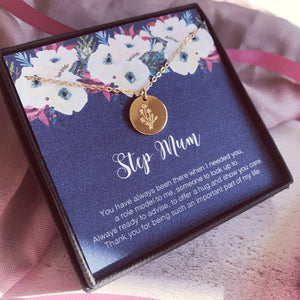 Floral Necklace for Stepmum, Stepmother Gift, Message Card Poem Bonus Mum, Mothers day Gift Second Mum, Floral Necklace, Gold Flower Gift