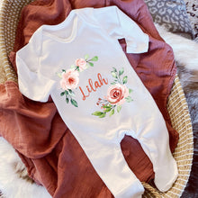Load image into Gallery viewer, Floral Wreath Personalised Babygrow, Sleepsuit, New Baby Girl Gift, Vest, Bodysuit, Newborn, Baby Shower Gift, Coming home Outfit, Pink Baby
