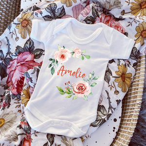 Floral Wreath Personalised Babygrow, Sleepsuit, New Baby Girl Gift, Vest, Bodysuit, Newborn, Baby Shower Gift, Coming home Outfit, Pink Baby