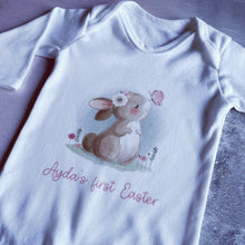 Load image into Gallery viewer, My First Easter Bunny with Pink Text Personalised Babygrow, Bunny Vest 1st Easter Outfit Gift, Bodysuit Sleepsuit, Baby Girl, New Baby 2023,
