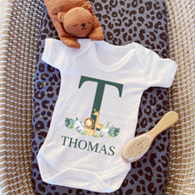 Load image into Gallery viewer, Personalised Baby Grow, Baby Vest Sleepsuit, New Baby Reveal, Pregnancy Announcement Outfit, Safari Animal Gift, Personalised Baby Gift Name
