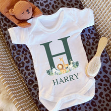 Load image into Gallery viewer, Personalised Baby Grow, Baby Vest Sleepsuit, New Baby Reveal, Pregnancy Announcement Outfit, Safari Animal Gift, Personalised Baby Gift Name
