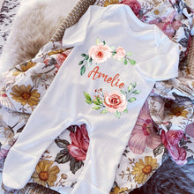 Load image into Gallery viewer, Floral Wreath Personalised Babygrow, Sleepsuit, New Baby Girl Gift, Vest, Bodysuit, Newborn, Baby Shower Gift, Coming home Outfit, Pink Baby
