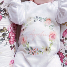 Load image into Gallery viewer, Personalised Boho Wreath Initial Outfit, Floral Babygrow Sleepsuit Vest Bodysuit, New Baby Gift, Newborn, Baby Shower Gift, Coming Home name
