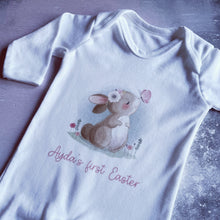 Load image into Gallery viewer, My First Easter Bunny with Pink Text Personalised Babygrow, Bunny Vest 1st Easter Outfit Gift, Bodysuit Sleepsuit, Baby Girl, New Baby 2023,
