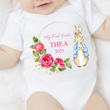 Load image into Gallery viewer, Peter rabbit My First Easter babygrow, Baby girls first easter outfit, my 1st easter babygrow, first easter baby vest, My First Easter Pink
