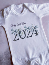 Load image into Gallery viewer, Baby Due 2024 Babygrow, Baby Coming 2023 Sleepsuit, baby girl hospital coming home outfit, Newborn Pregnancy Announcement Vest, New Mum Gift
