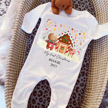 Load image into Gallery viewer, First Christmas babygrow, Cute Gingerbread Man baby vest, 1st Xmas Sleepsuit, Baby Girl, Unisex Baby boy Christmas outfit, Personalised baby
