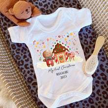 Load image into Gallery viewer, First Christmas babygrow, Cute Gingerbread Man baby vest, 1st Xmas Sleepsuit, Baby Girl, Unisex Baby boy Christmas outfit, Personalised baby
