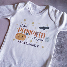 Load image into Gallery viewer, Cutest Pumpkin In The Patch, Baby Vest, My first Halloween Babygrow, Pumpkin Baby Halloween Trick or Treat, Halloween Personalised Outfit
