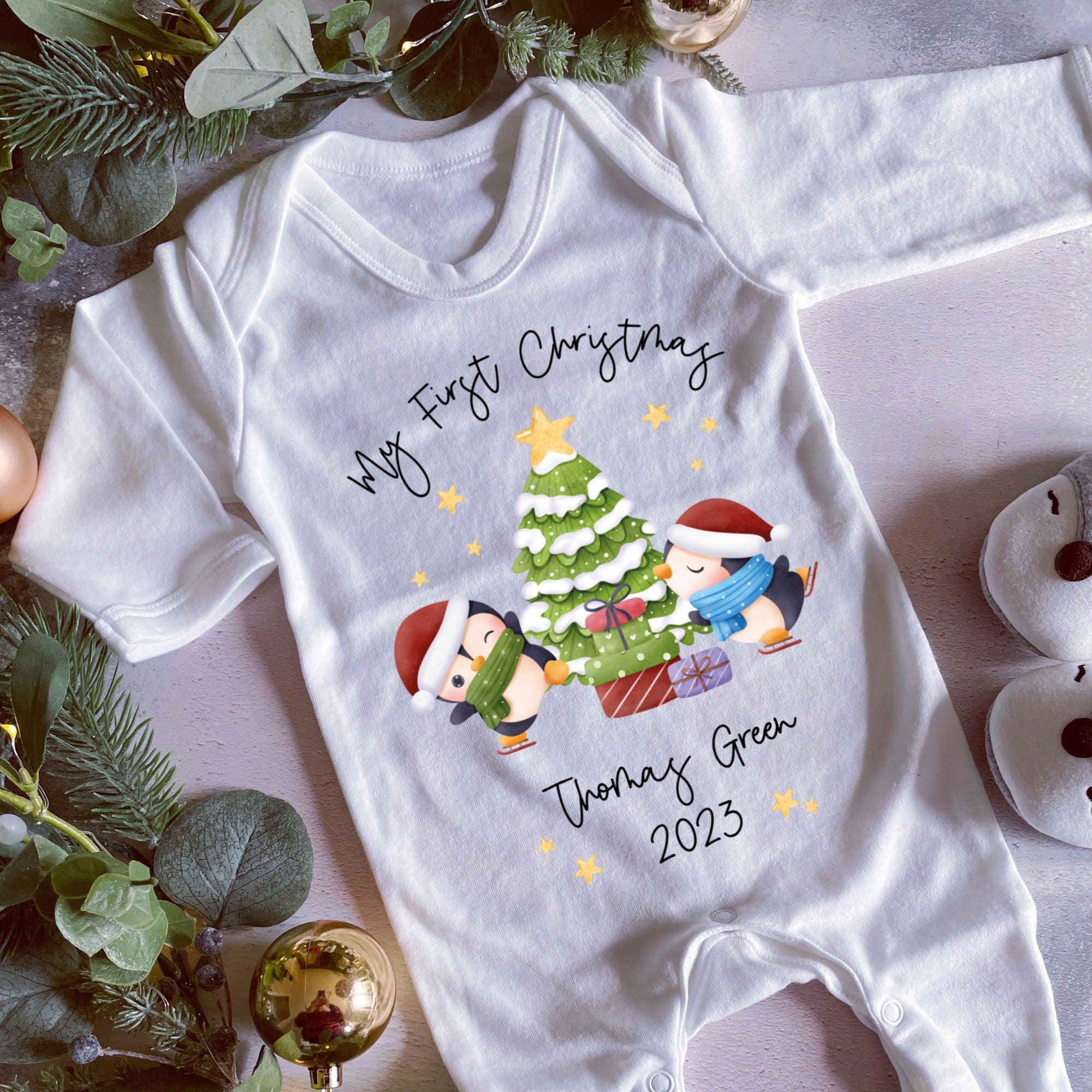 Personalised First Christmas Sleepsuit, 1st Xmas Baby Grow, Pyjamas, Babies  1st Xmas Gift Idea, Christmas Outfit for baby, Penguin Pjs Vest