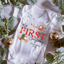 Load image into Gallery viewer, First Christmas babygrow, Vest, Sleepsuit, 1st Christmas, Unisex Xmas Clothes, Reindeer Gift baby, Personalised Santa Christmas, Boy, Girl
