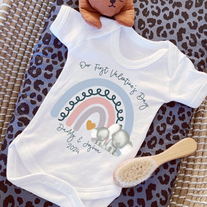 I Love My Daddy Baby Vest, Personalised Safari love Mummy Babygrow, Valentine's elephant rainbow Gift,  1st Valentines Baby Sleepsuit Boy