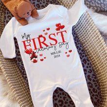 Load image into Gallery viewer, Valentines Day Baby Vest, Personalised Babygrow, My First Valentine Sleepsuit, Babies First Valentine&#39;s Day, Ladybird Baby Gift Love Heart
