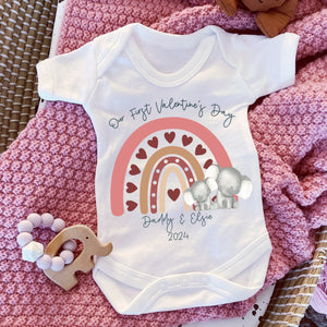 I Love My Daddy Baby Vest, Personalised Safari love Mummy Babygrow, Valentine's elephant rainbow Gift,  1st Valentines Baby Sleepsuit Girl