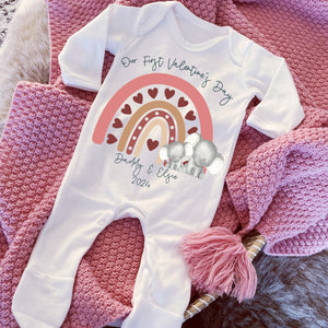 I Love My Daddy Baby Vest, Personalised Safari love Mummy Babygrow, Valentine's elephant rainbow Gift,  1st Valentines Baby Sleepsuit Girl