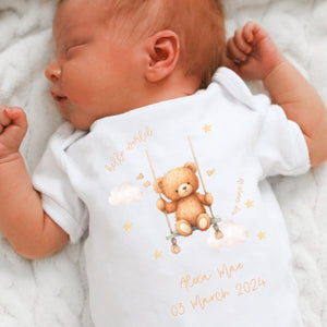 Hello World baby girls outfit, baby girls coming home outfit, personalised gift for baby girl, personalised teddy bear babygrow vest romper