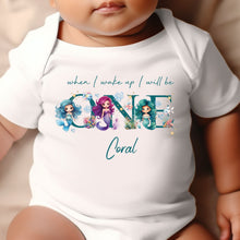 Load image into Gallery viewer, Mermaid Birthday sleepsuit, Baby Girl Birthday vest, When I wake up I’ll be One, Magical One, pastel Mermaids, Ocean birthday outfit girl
