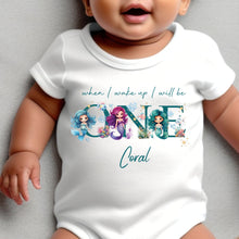 Load image into Gallery viewer, Mermaid Birthday sleepsuit, Baby Girl Birthday vest, When I wake up I’ll be One, Magical One, pastel Mermaids, Ocean birthday outfit girl
