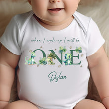 Load image into Gallery viewer, Dinosaur Birthday sleepsuit, Green Dino Baby Birthday vest, When I wake up I’ll be One, 1st One, Cute Dinosaurs, Dino birthday outfit Unisex
