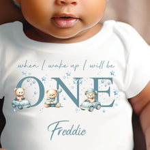 Load image into Gallery viewer, Teddy Bear Cute Cars Birthday sleepsuit,  Boys vest, When I wake up I’ll be One Gift, 1st Birthday, My First Birthday Romper, Baby Outfit
