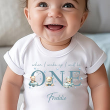 Load image into Gallery viewer, Teddy Bear Cute Cars Birthday sleepsuit,  Boys vest, When I wake up I’ll be One Gift, 1st Birthday, My First Birthday Romper, Baby Outfit
