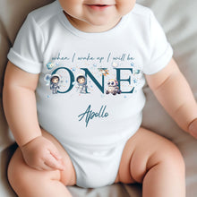 Load image into Gallery viewer, Personalised Astronaut Birthday sleepsuit, Space Boy vest, When I wake up I’ll be One Gift, 1st Birthday, My First Birthday Stars Romper
