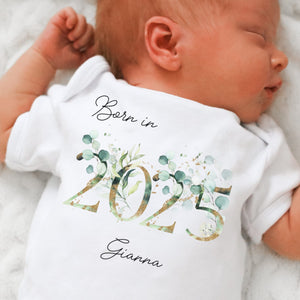 Personalised Born in 2025 Baby Vest, Eucalyptus Floral Baby Sleepsuit, Personalised Baby Vest, New Baby Gift, Baby Girl, Baby Announcement