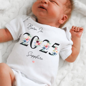 Personalised Born in 2025 Baby Vest, Floral Baby Sleepsuit, Personalised Baby Romper, New Baby Gift, Year Baby Girl, Baby Announcement Vest