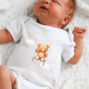 Hello World baby girls outfit, baby girls coming home outfit, personalised gift for baby girl, personalised teddy bear babygrow vest romper