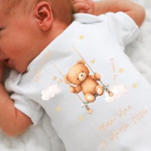 Load image into Gallery viewer, Hello World baby girls outfit, baby girls coming home outfit, personalised gift for baby girl, personalised teddy bear babygrow vest romper
