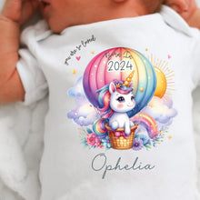 Load image into Gallery viewer, Personalised Born in 2024 Baby Vest, Rainbow Unicorn Baby Sleepsuit, Personalised Baby Outfit, New Baby Gift, Baby Arrival Announcement Vest
