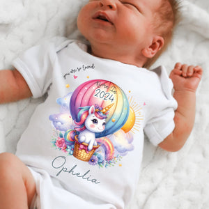Personalised Born in 2024 Baby Vest, Rainbow Unicorn Baby Sleepsuit, Personalised Baby Outfit, New Baby Gift, Baby Arrival Announcement Vest