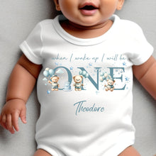 Load image into Gallery viewer, Teddy Bear Balloons Birthday sleepsuit,  Boys vest, When I wake up I’ll be One Gift, 1st Birthday, My First Birthday Romper, Baby Outfit
