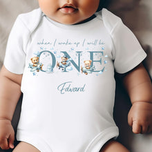 Load image into Gallery viewer, Teddy Bear Cute Plane Birthday sleepsuit,  Boys vest, When I wake up I’ll be One Gift, 1st Birthday, My First Birthday Romper, Baby Outfit
