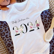 Load image into Gallery viewer, Baby Due in 2024 Baby Vest, Personalised Unisex Baby Sleepsuit, Personalised Floral Baby Romper, New Baby Gift, Baby Girl Announcement Vest
