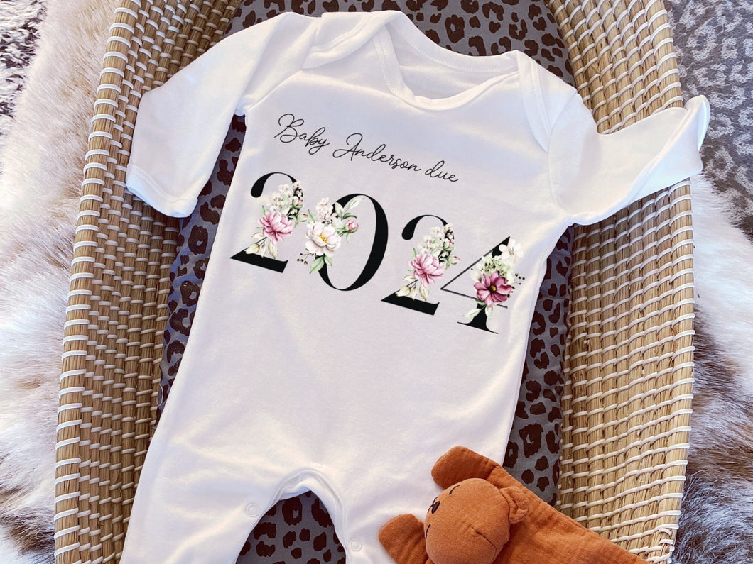 Baby Due in 2024 Baby Vest, Personalised Unisex Baby Sleepsuit, Personalised Floral Baby Romper, New Baby Gift, Baby Girl Announcement Vest